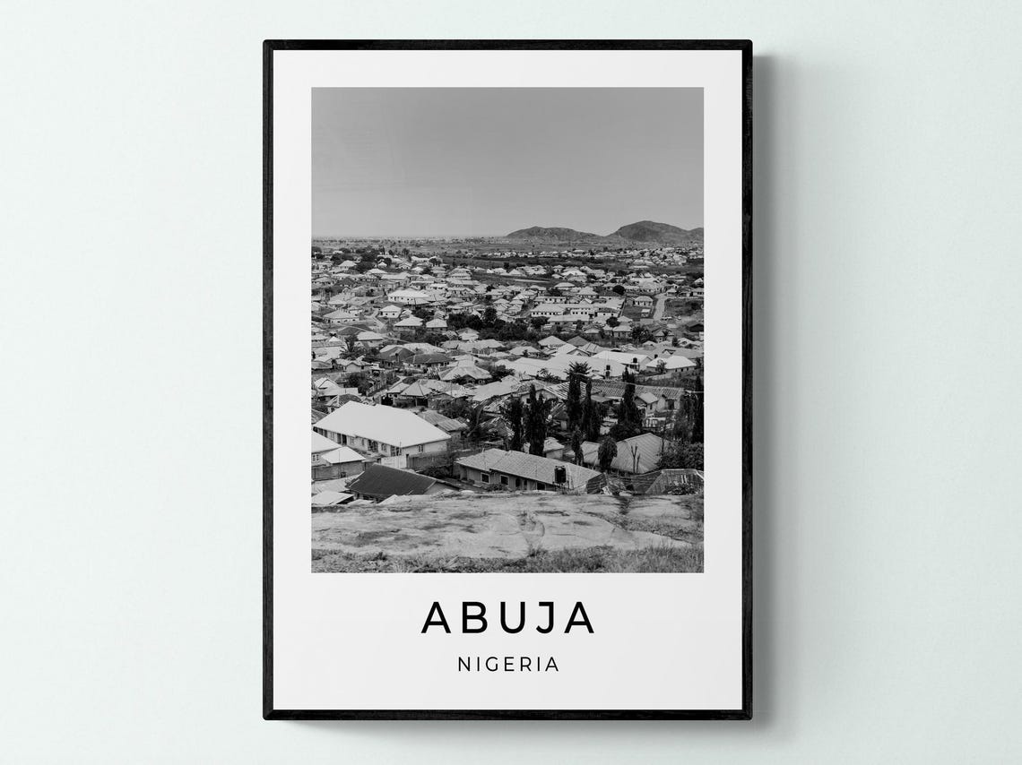 Abuja Nigeria Cityscape Hills Panoramic Black White Travel Poster
