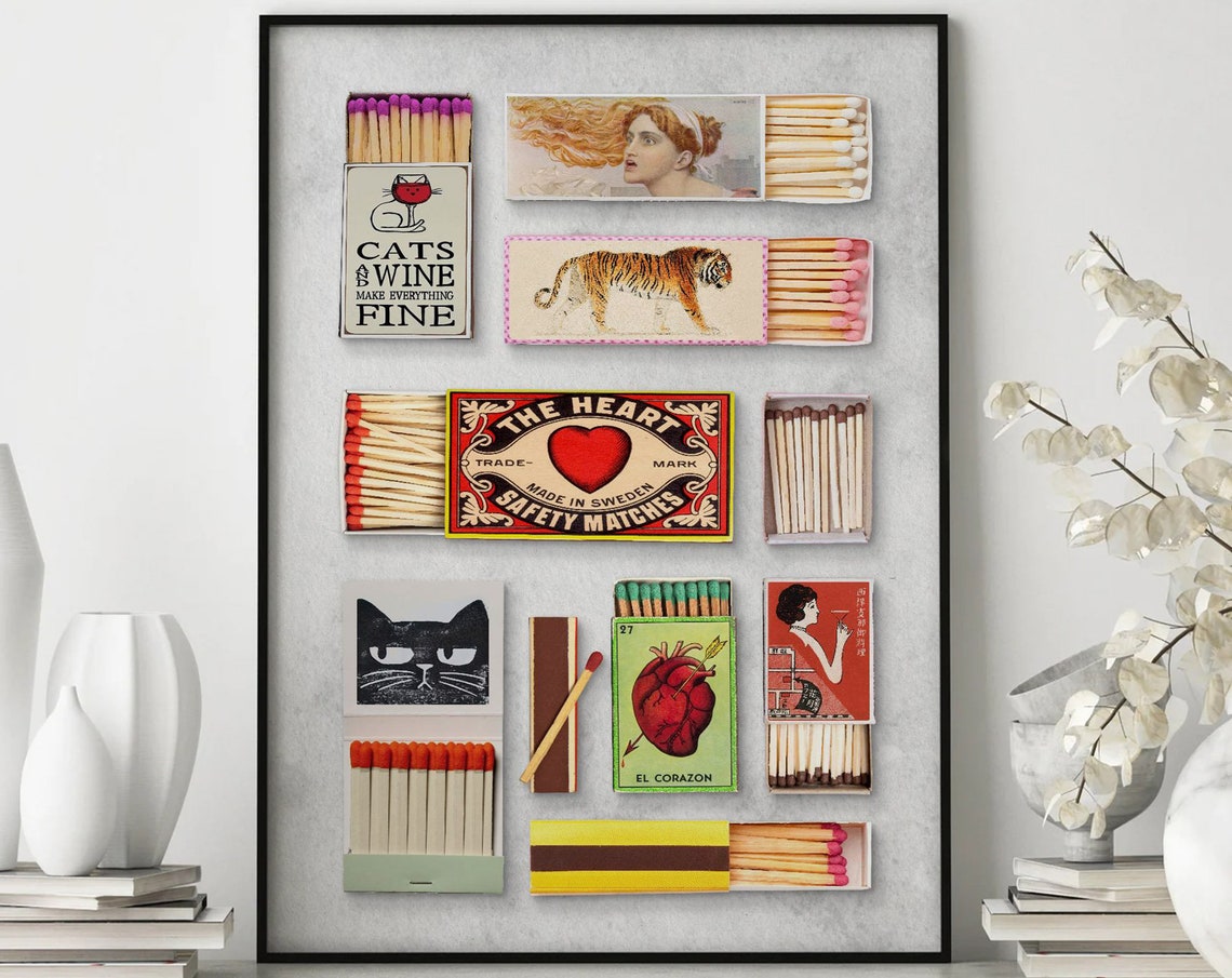 Vintage Matchbox Collection Retro Matchbook Collage Art Poster