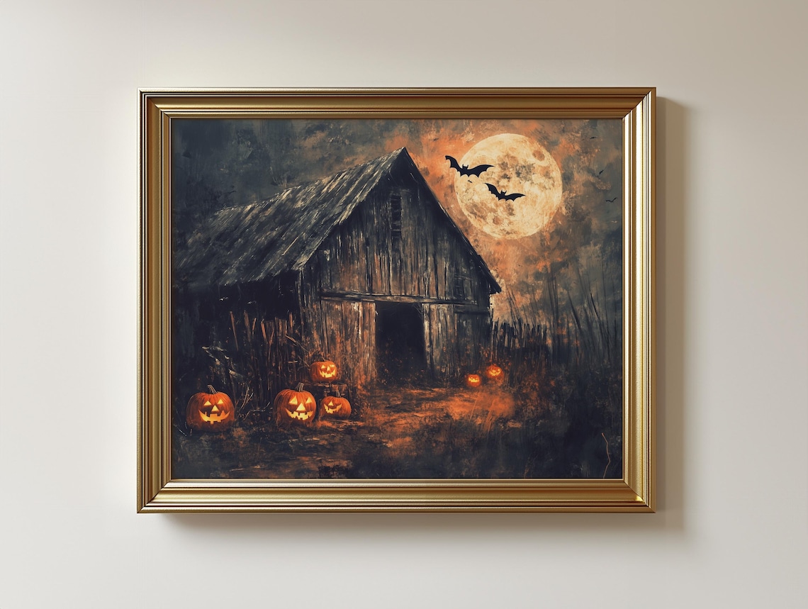 Haunted Barn Jack-o-Lanterns Full Moon Bats Spooky Night Painting Poster