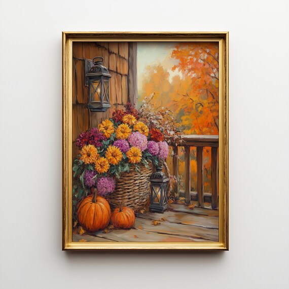 Autumn Porch Pumpkins Lantern Basket Mums Rustic Fall Decor Art Print