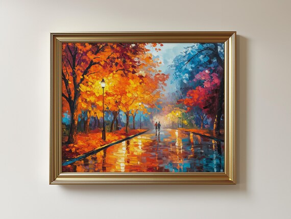 Autumn Park Painting Orange Trees Wet Path Reflection Art 86