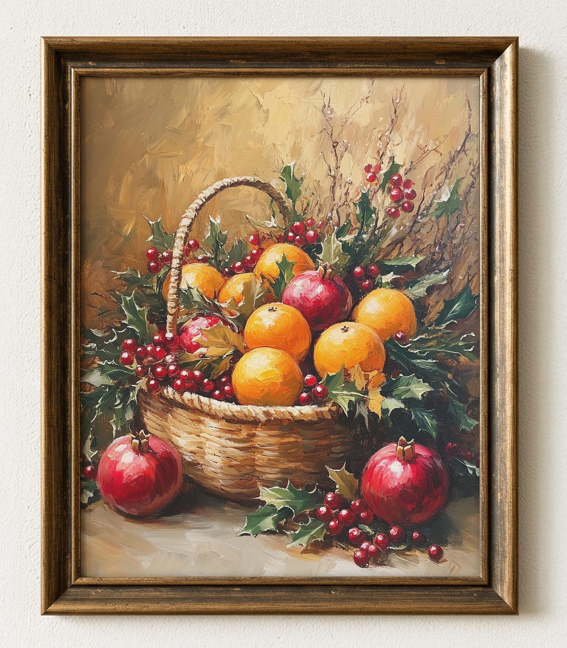 Rustic Harvest Basket Oranges Pomegranates Autumn Still Life Print