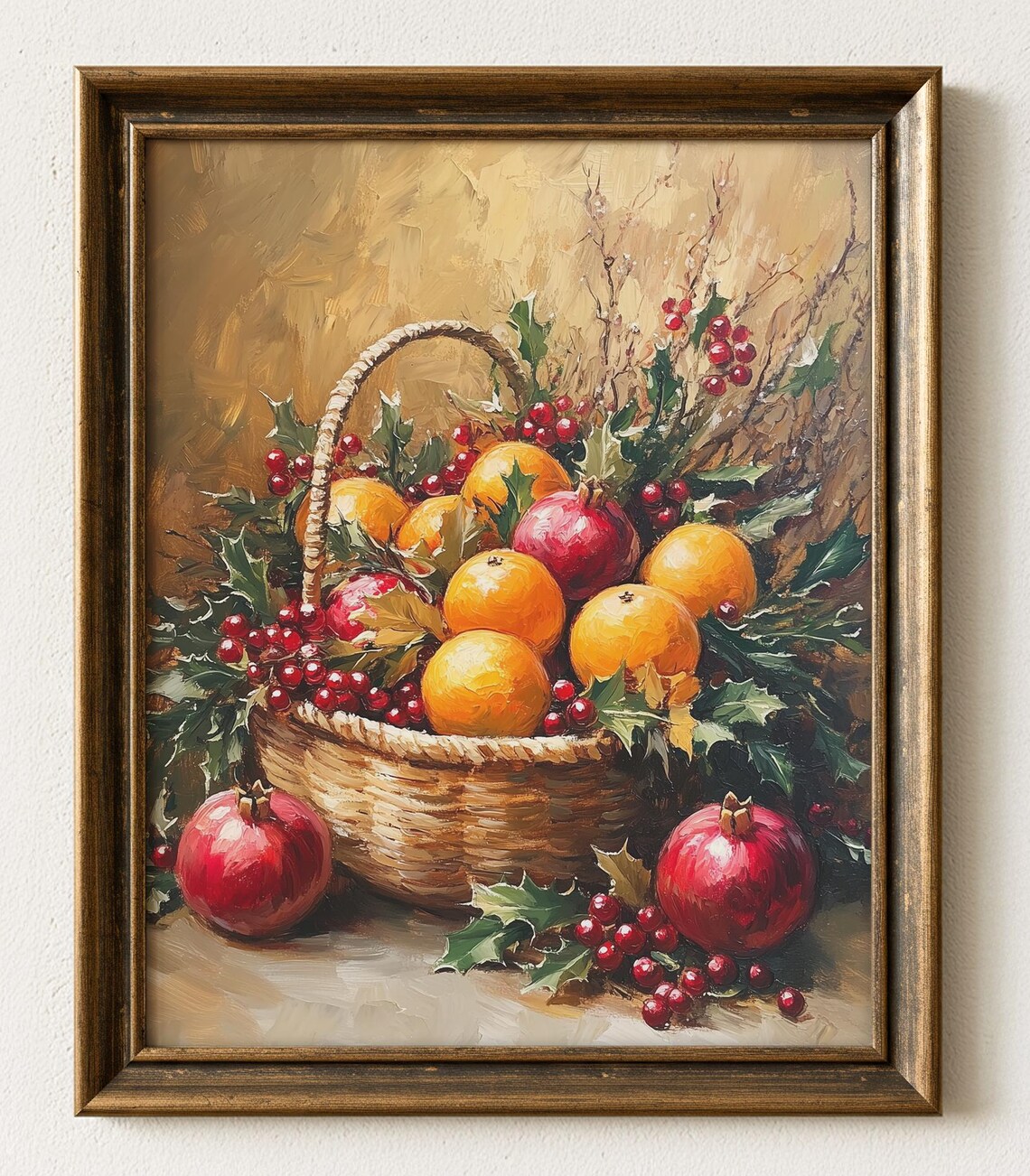 Vintage Pomegranates Oranges Print Rustic Harvest Basket Still Life 656