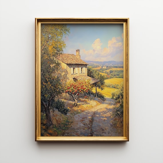 Tuscan Stone Villa Apple Tree Golden Hills Countryside Art Poster
