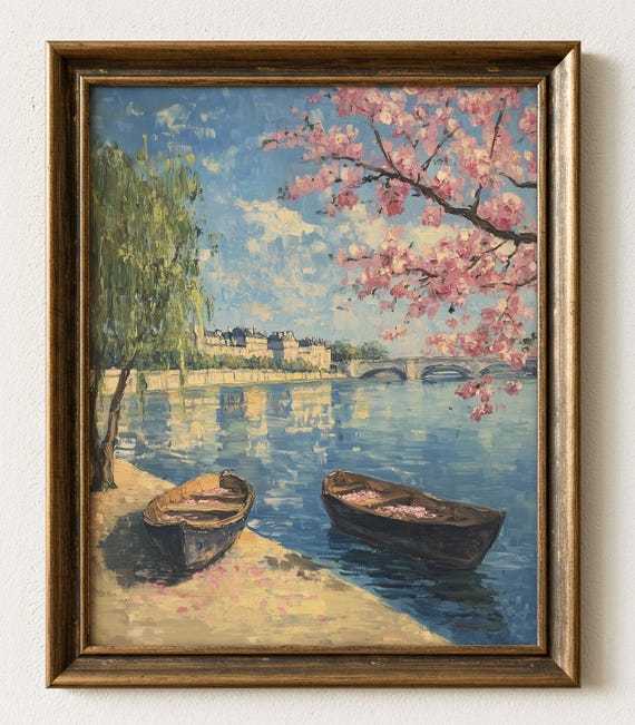 Vintage Seine River Cherry Blossom Print French Pastoral Landscape 852