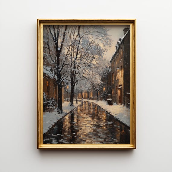 Vintage Winter Cobblestone Street Oil Painting Snowy Cityscape Art Decor 287