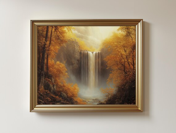 Vintage Autumn Waterfall Landscape Art Print Rustic Nature Decor 94