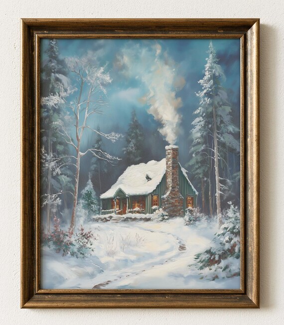 Cozy Rustic Winter Cottage Snowy Forest Night Oil Painting Poster