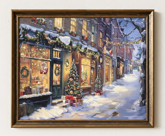Christmas Storefronts Print Vintage Winter Street Scene 636