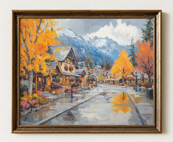 Autumn Village Scene Print Leavenworth Washington Cozy Cottage 706