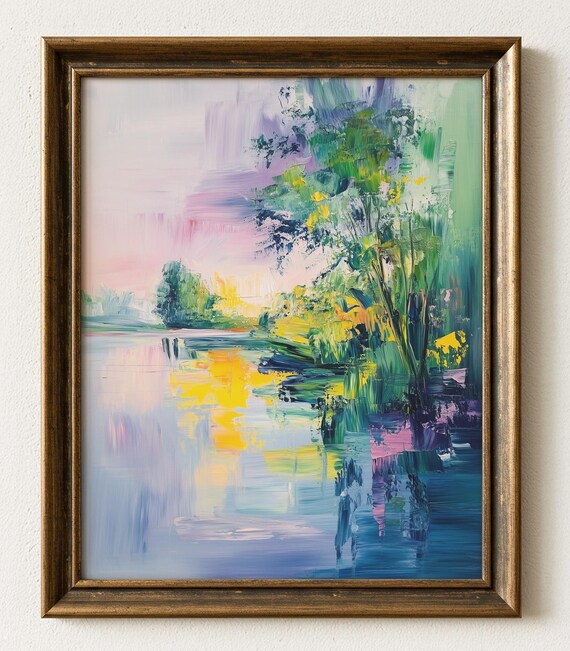 Pastel Abstract Lakeside Sunset Trees Impressionist Art Poster
