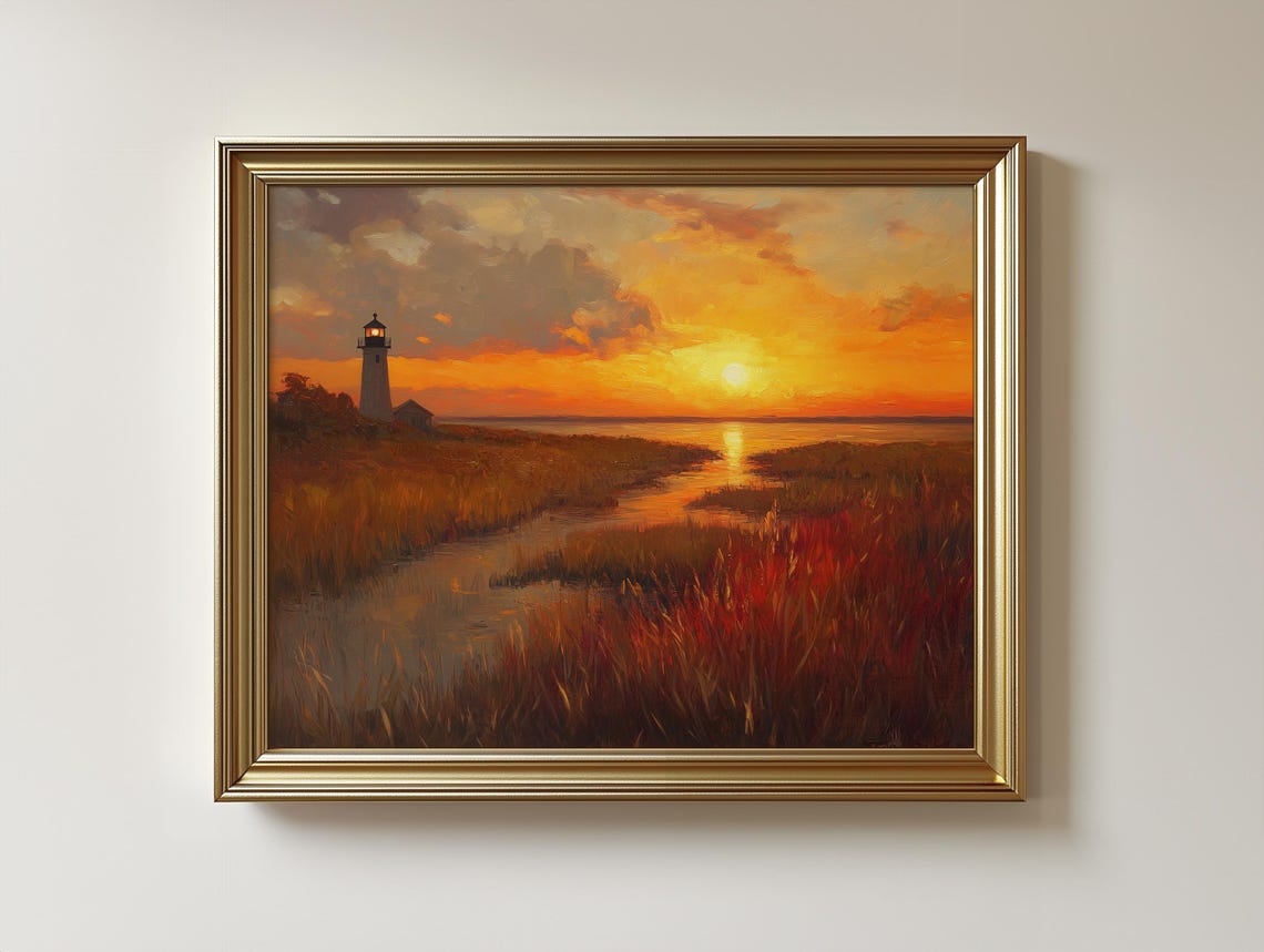 Lighthouse Sunset Marsh Oil Painting Golden Orange Sky Seaside Poster