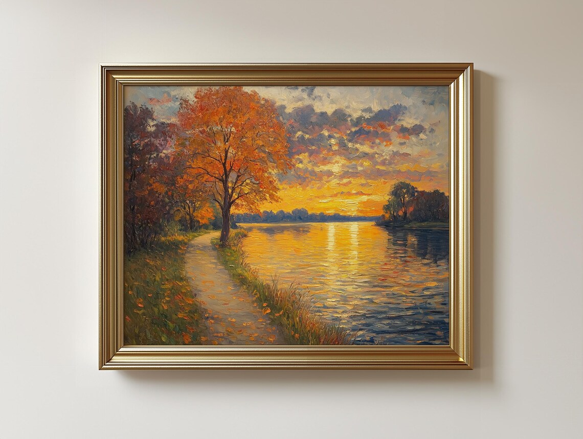 Vintage Autumn River Sunset, Landscape Art Print