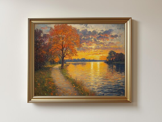Vintage Autumn River Sunset, Landscape Art Print