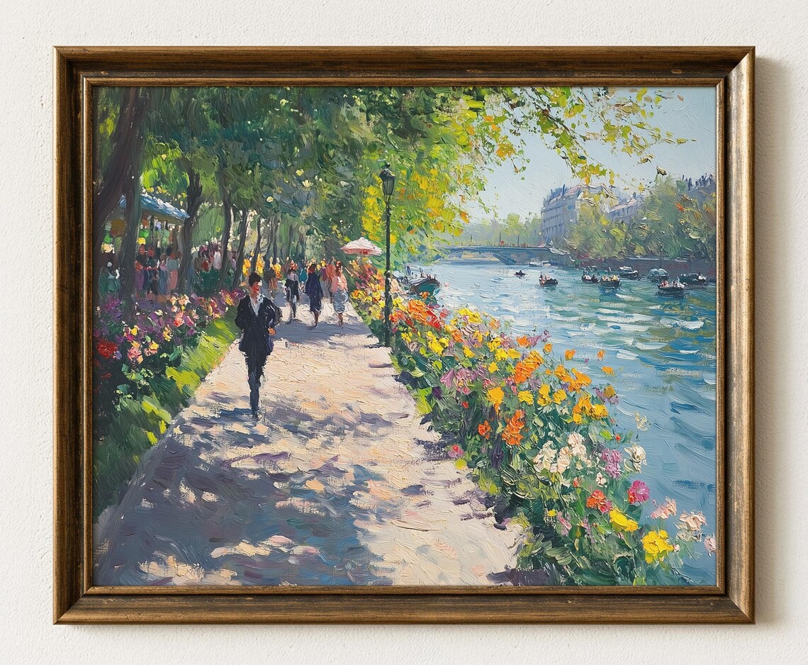 Sunlit Riverside Promenade Print Impressionist Painting Spring Landscape With Dappled Light Flower Path Wall Art 1030