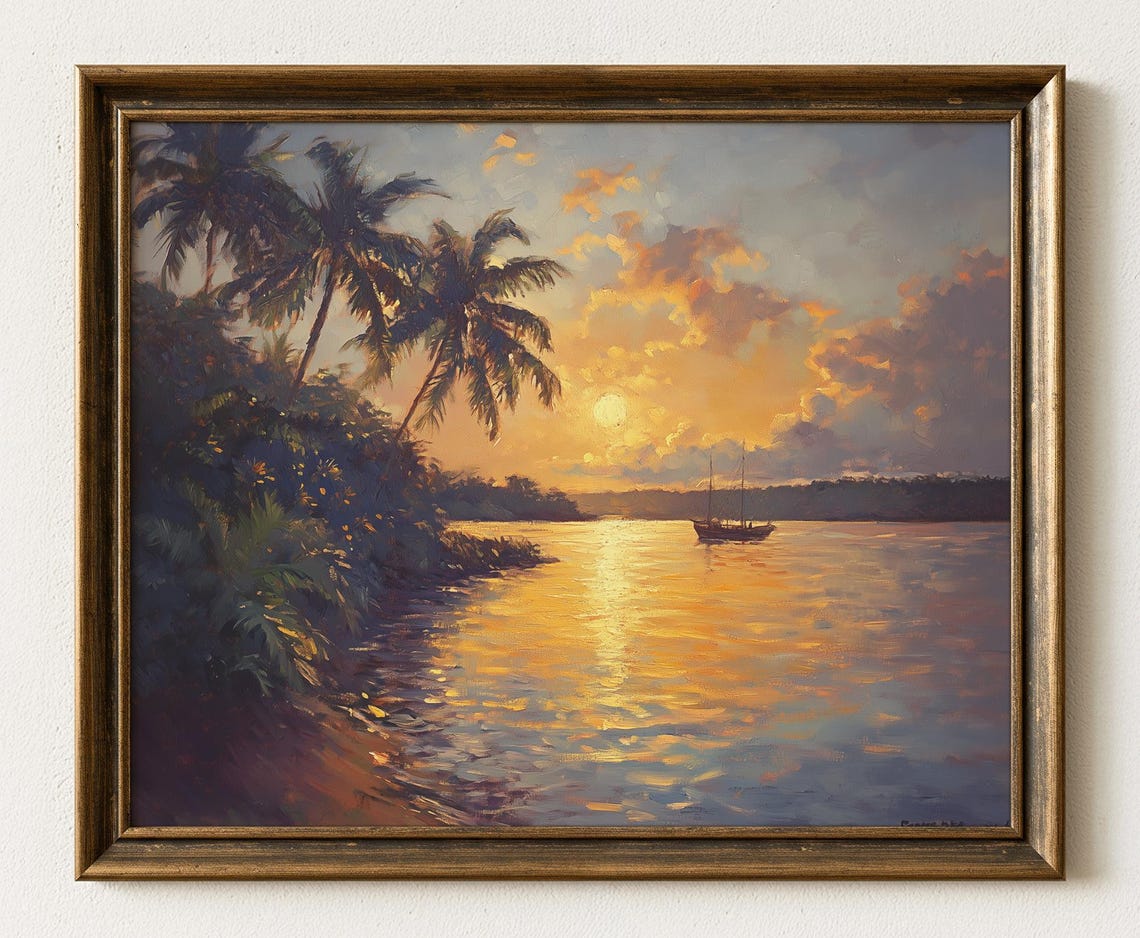 Sunrise Tropical Harbor Palms Sailboat Impressionist Art Poster