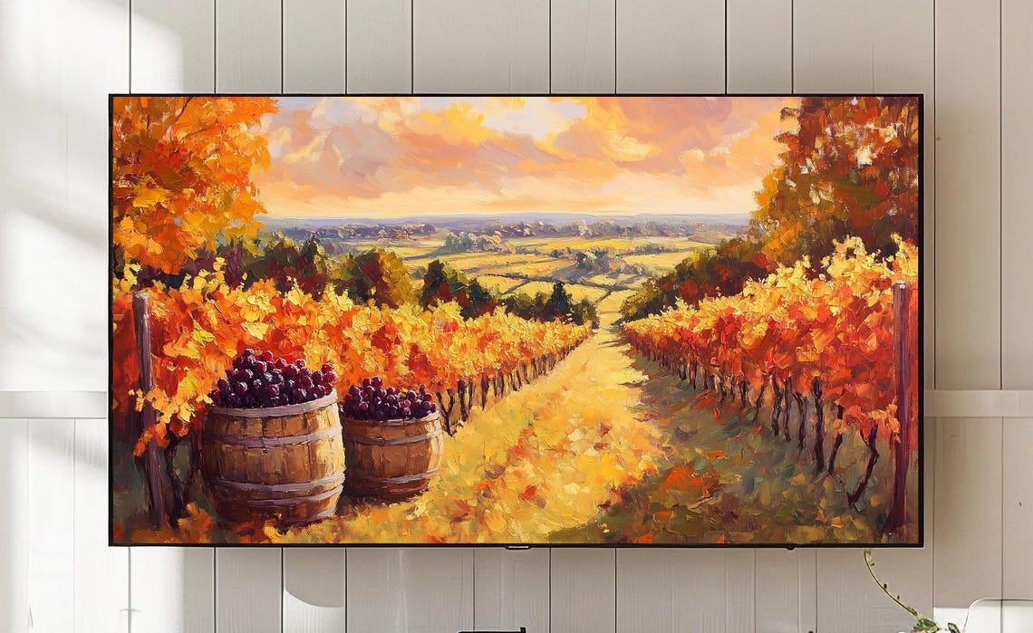 Autumn Vineyard Grape Barrels Golden Rows Harvest Oil Painting Poster