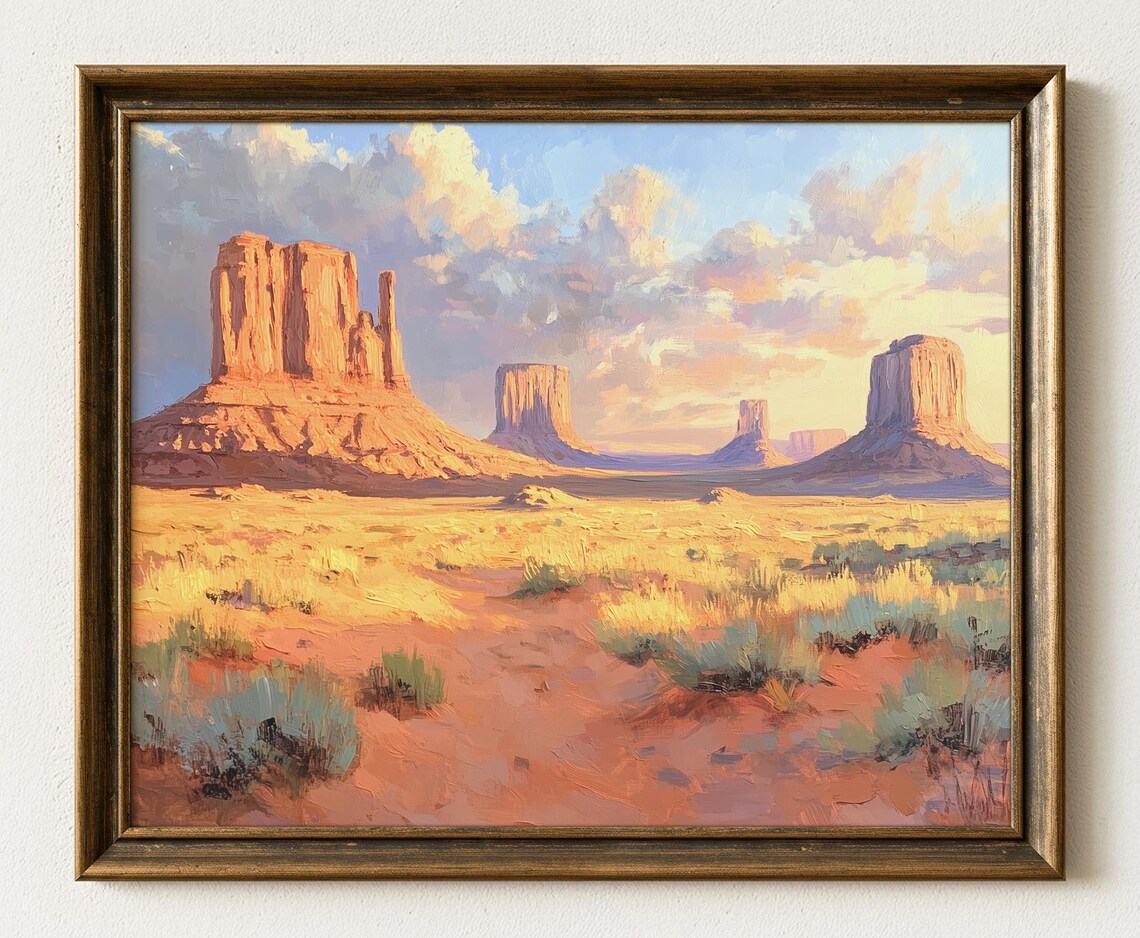 Monument Valley Fall Oil Painting, Rustic Desert Landscape