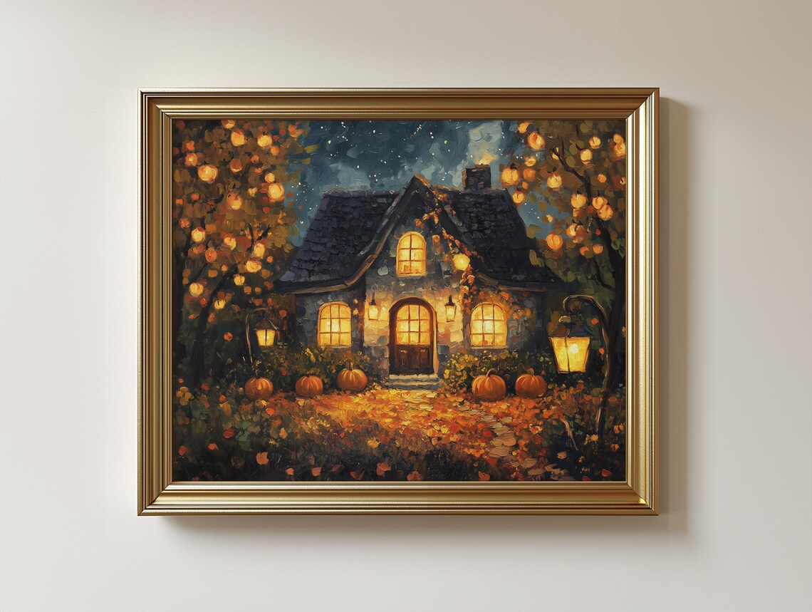 Cozy Stone Cottage Autumn Evening Lanterns Pumpkins Fall Night Print