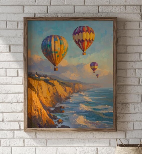 Vintage Hot Air Balloon Coastal Travel Poster