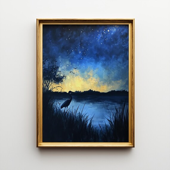 Starry Night Gulf Coast Marsh, Moody Coastal Landscape