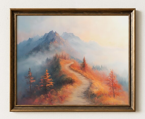 Misty Mountain Path Art Print, Autumn Landscape