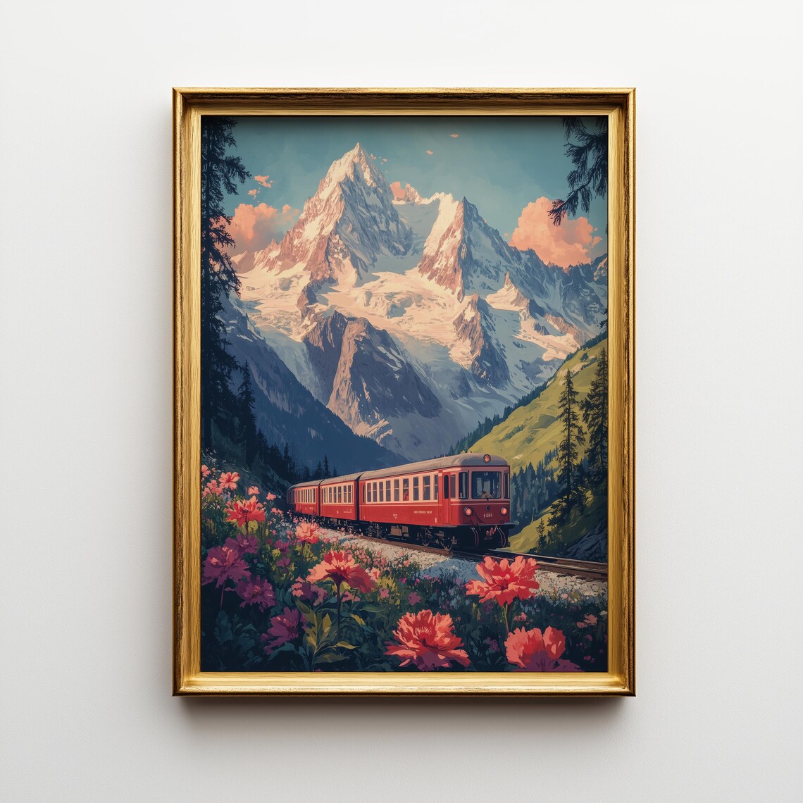 Vintage Swiss Alps Travel Poster, Retro Mountain Train Scene