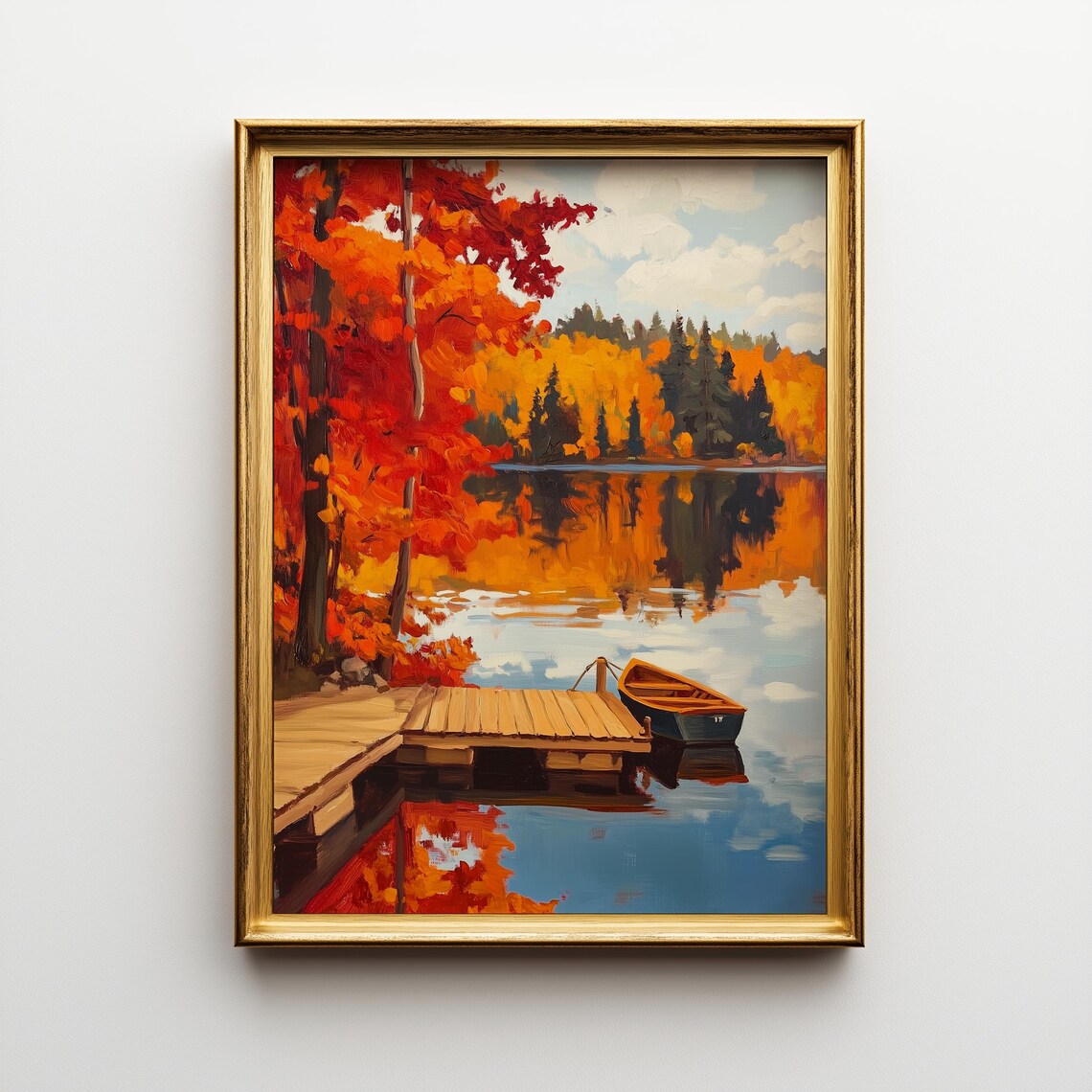Autumn Lake Landscape Print Fiery Red Trees Reflection 413