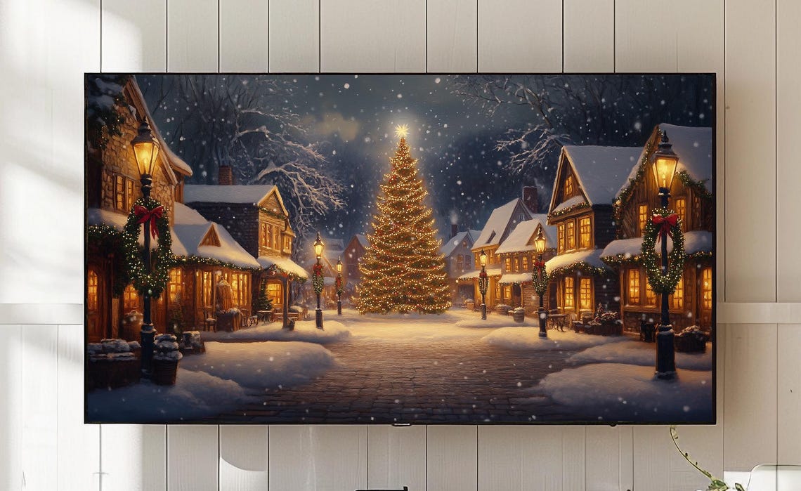 Christmas Village Frame Tv Art Snowy Festive Lampposts 757
