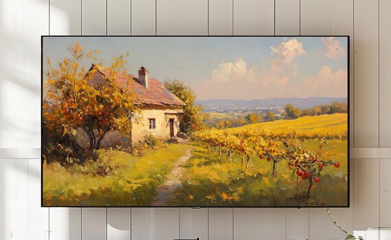 Autumn Farmhouse Cottage Orchard Golden Hillside Oil Painting Poster
