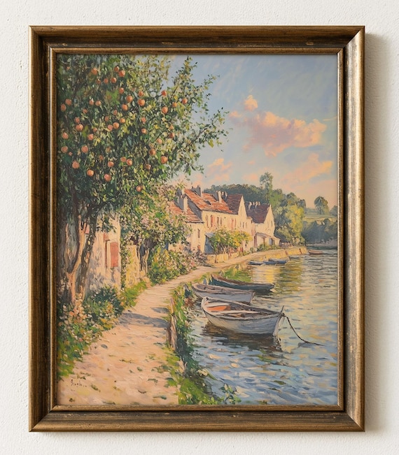 Normandy Riverside Orchard Village Impressionist Oil Art Print