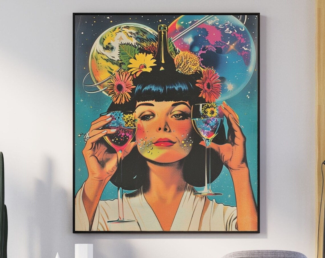 Retro Wine Woman Poster With Two Glasses Flowers And Planets