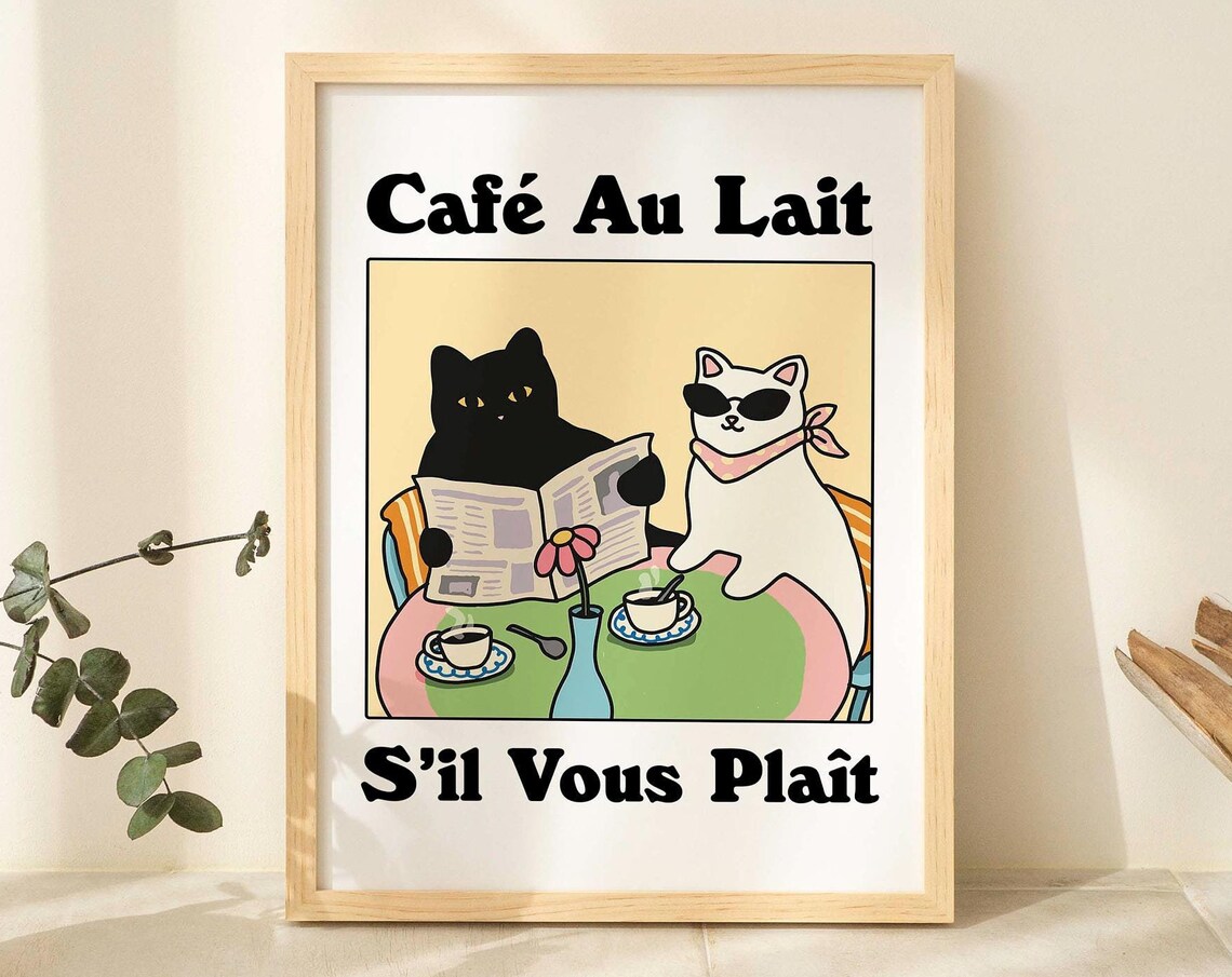 Cafe Au Lait Funny French Cats Bistro Coffee Kitchen Wall Poster