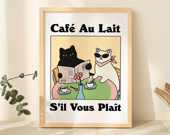 Cafe Au Lait Funny French Cats Bistro Coffee Kitchen Wall Poster
