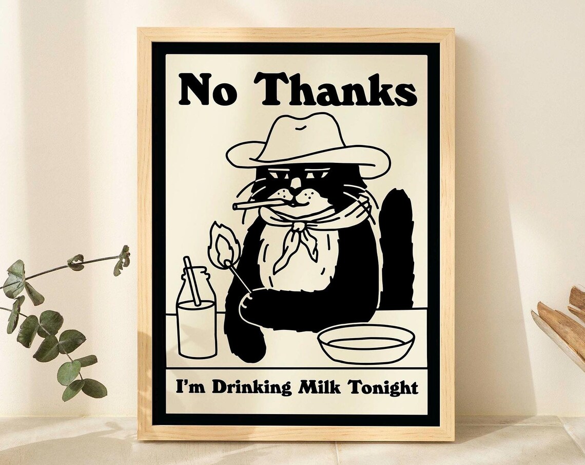 Cowboy Cat Retro Drink Poster, Kitchen Decor