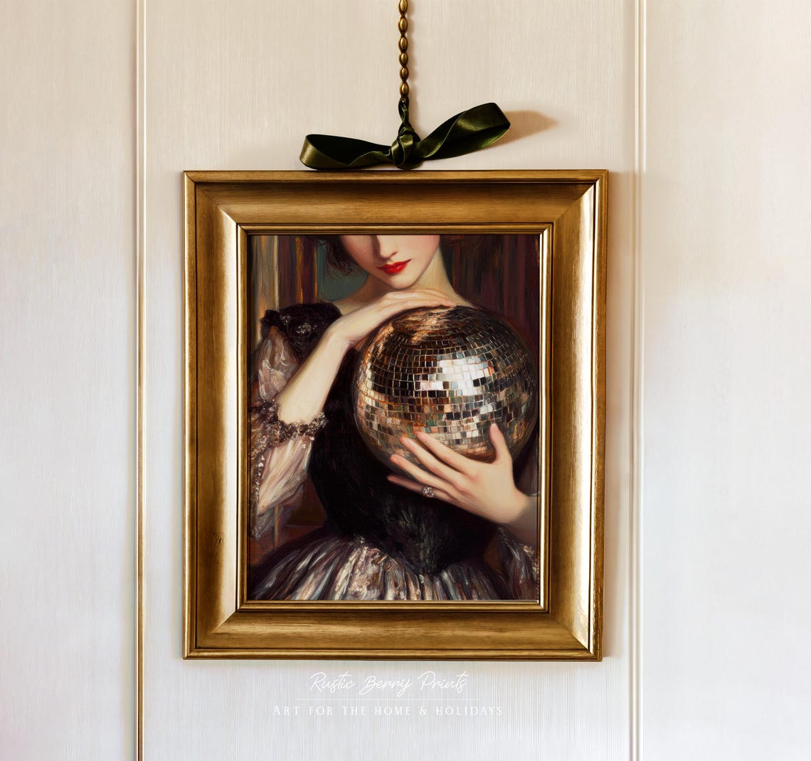 Dark Lady Holding Disco Ball Baroque Antique Style Painting Print