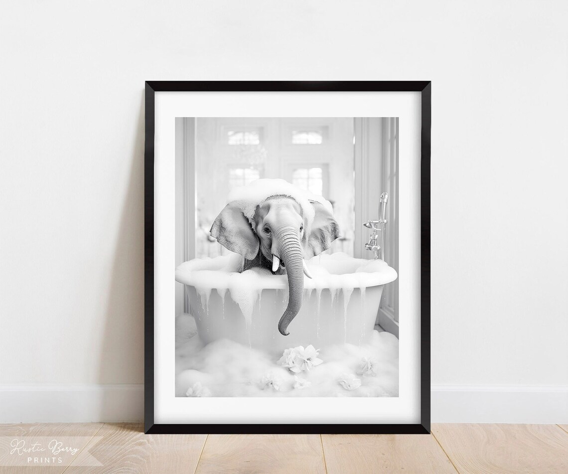 Baby Elephant In Bubble Bath Black And White Nursery Bathroom Wall Art Print