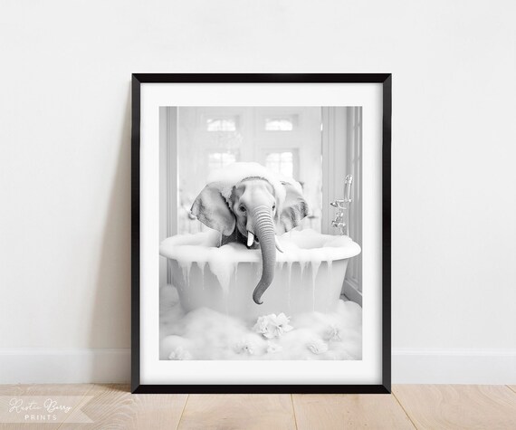 Baby Elephant In Bubble Bath Black And White Nursery Bathroom Wall Art Print