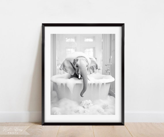 Little Elephant Bubble Bath Black And White Wall Art Clawfoot Tub Bathroom Decor Cute Instant