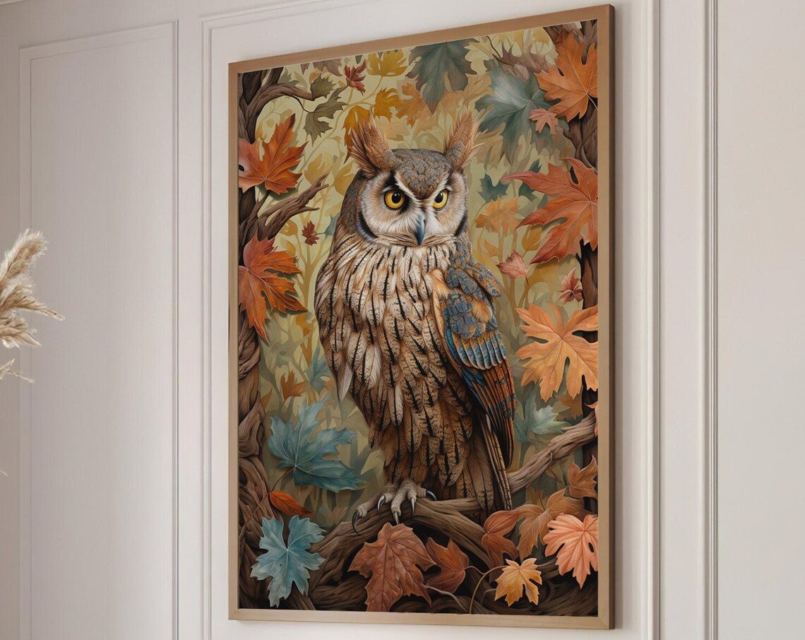 Owl Perched on Branch Among Autumn Leaves Fall Woodland Poster