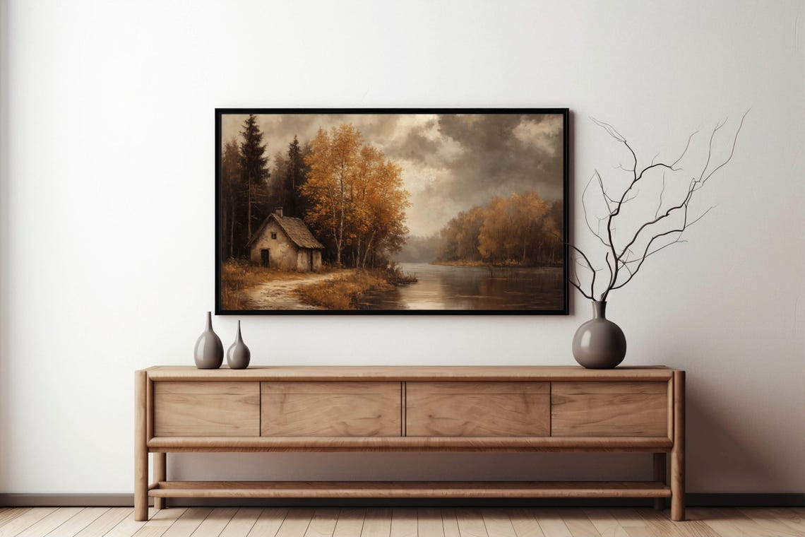 Rustic Cottage By Autumn Lake With Muddy Path Under Cloudy Sky Poster - Image 5