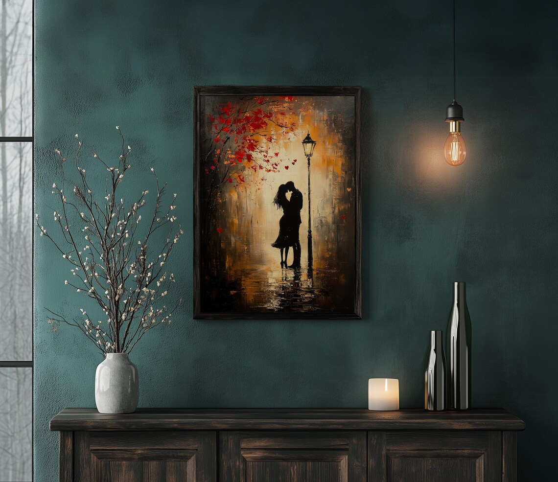 Romantic Kiss Under a Glowing Rainy Streetlamp Vintage Poster - Image 5