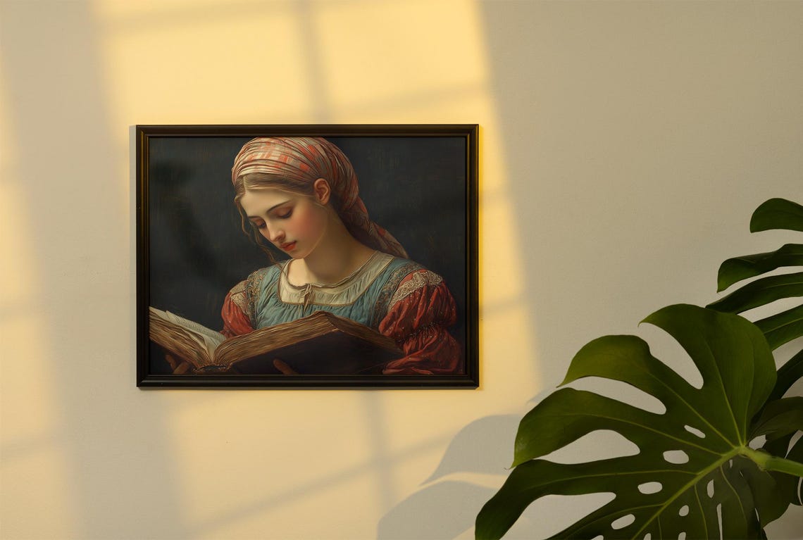 Woman In Headscarf Reading Ancient Book By Soft Candlelit Glow Poster - Image 3