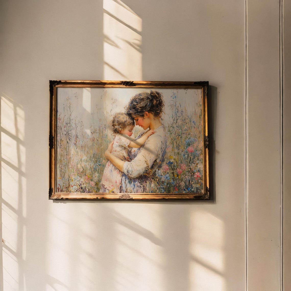 Mother Embracing Young Daughter In Blooming Wildflower Meadow Poster - Image 3