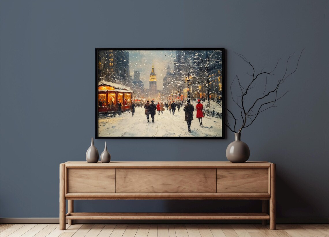 Snowy Vintage City Street With Glowing Tower Trolley And Crowds Poster - Image 3