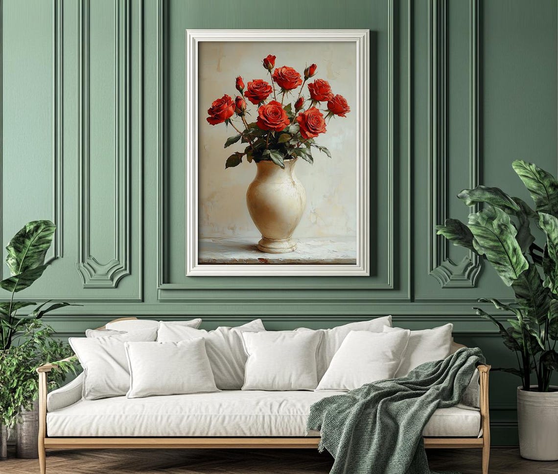 Lush Red Roses in a White Ceramic Vase Classic Floral Poster - Image 3