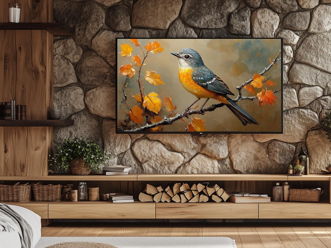 Orange Breasted Songbird On Branch With Autumn Leaves Oil Style Poster - Image 5