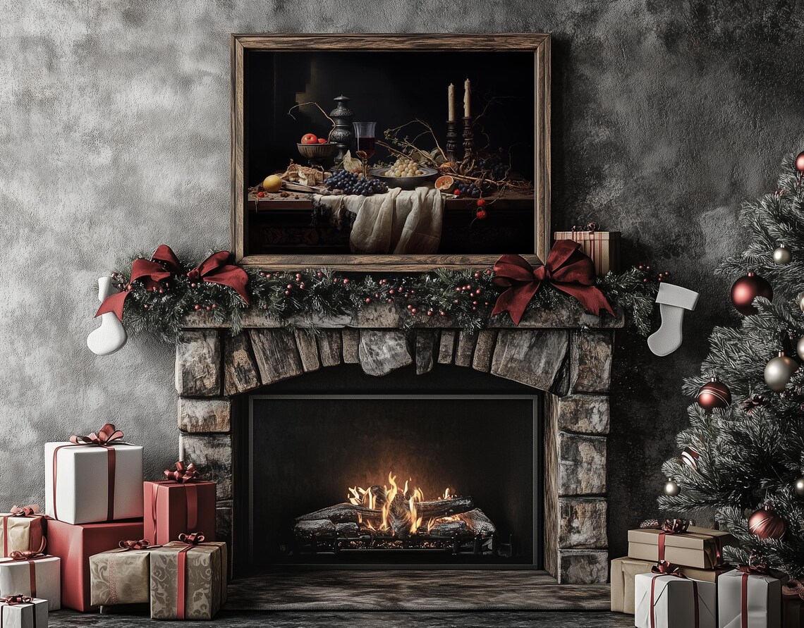 Moody Still Life With Grapes Candles And Bread Vintage Dark Oil Poster - Image 2