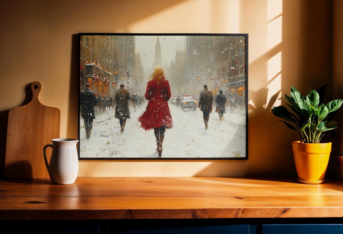 Striking Woman in a Red Coat on a Snowy City Street Art Poster - Image 3