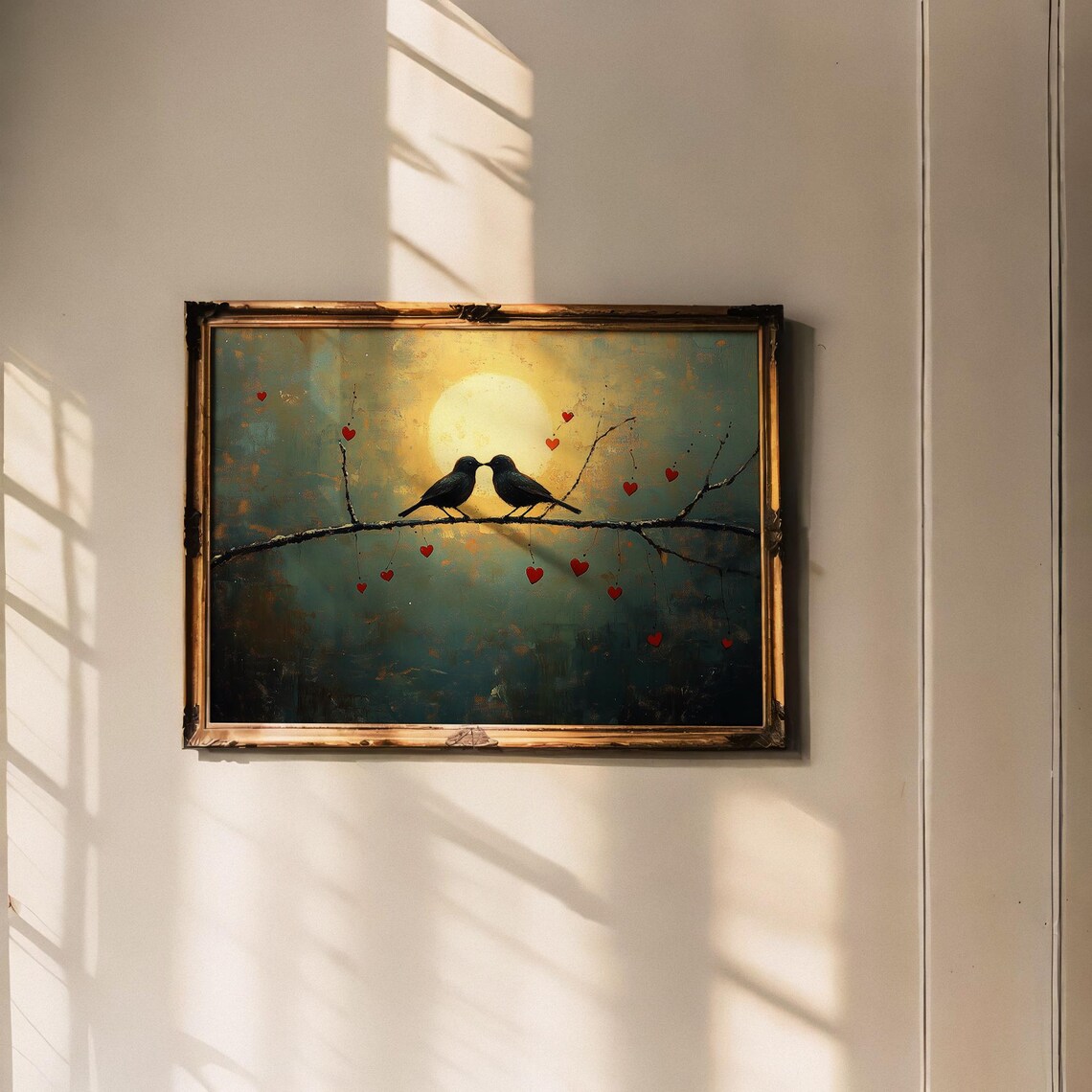Two Lovebirds Kissing on a Branch Under a Golden Full Moon Poster - Image 4